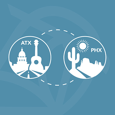 a graphic with two symbols representing Austin and Phoenix